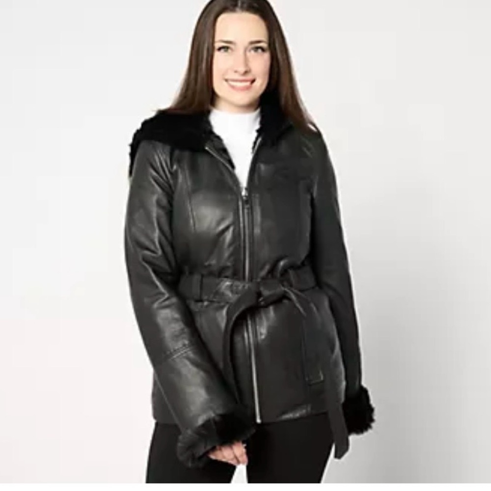 Wilsons Leather Black Faux Leather Jacket with Fur Trim